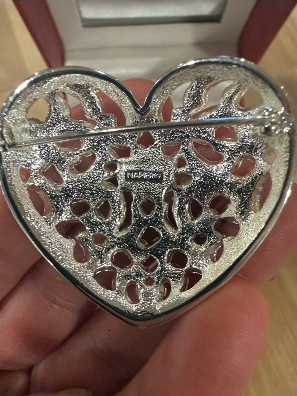 Vintage 90s Napier Silver Heart Filigree Brooch with Clear Crystal Accents - Picture 3 of 6